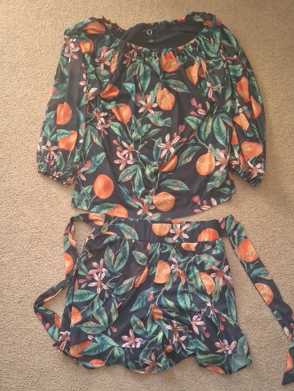 Blue Tropical Orange Print Two-Piece Set